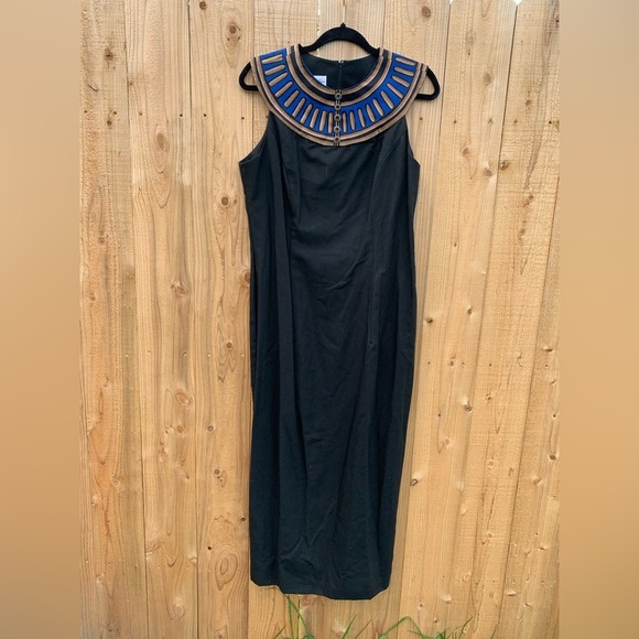 Vintage 80s‎ Jennifer Jeffries Women 14 A-Line Short Sleeve Dress Black Blue - Picture 1 of 8